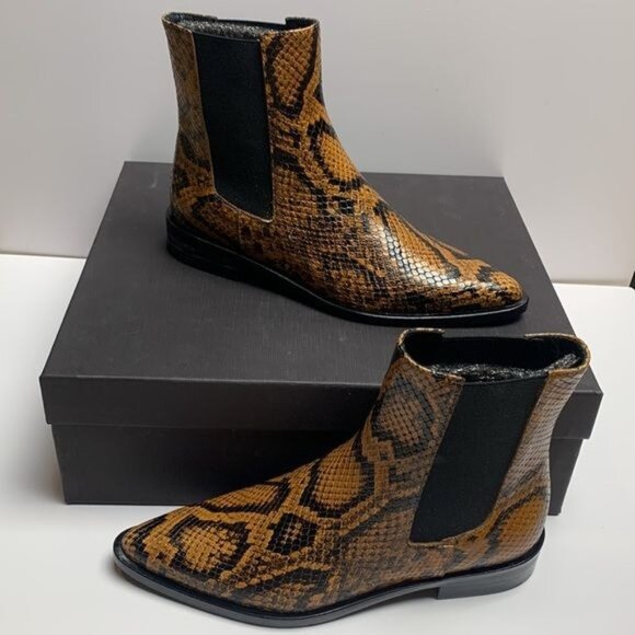 Freda Salvador Joan Chelsea Boots Womens 5.5 M Brass Snake Embossed Leather 0060 - Picture 3 of 11